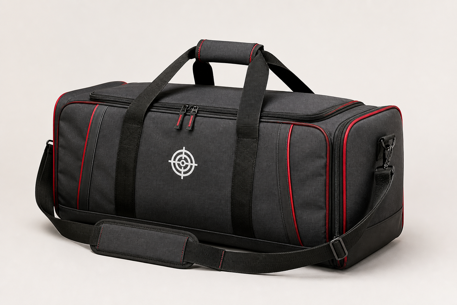 Illustrative charcoal and red range holdall